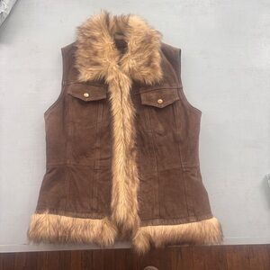 Taxi Faux Fur Vest with Brown Trim